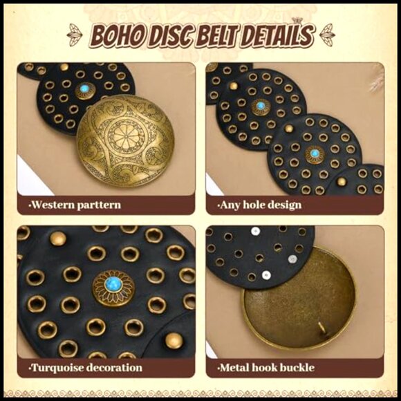 Western Wide Disc Belt Boho Cowgirl Turquoise Concho Faux Leather Adjustable main image 7